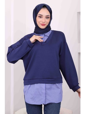 Lacivert Çizgili Garnili Modal Gömlek Kombinli Sweat