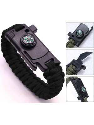 Siyah Paracord Bileklik, Bıçaklı, Düdüklü, Pusulalı, Magnezyum Taşlı Bileklik