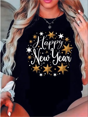 Kadın / Erkek Yılbaşı Temalı Kırmızı Beyaz T-Shirt Happy New Years Baskılı Yeni Yıl Oversize Salaş