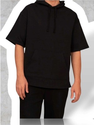 Erkek Kadın Kısa Kollu Sweatshirt Baskısız Kapşonlu Oversize Salaş Siyah