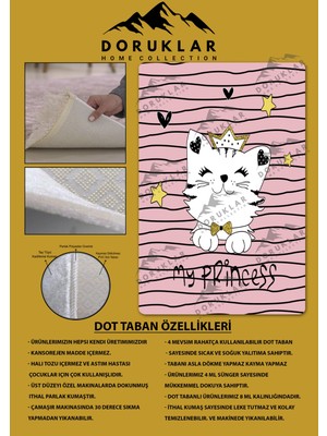 Doruklar Home Collection Kaymaz Taban Makinada Yıkanabilir Dijital Baskı Tatlı Kedi Desenli Çocuk Odası Halısı Dot Taban Halı