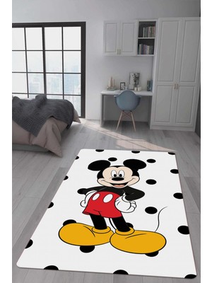 Doruklar Home Collection Kaymaz Taban Makinada Yıkanabilir Dijital Baskı Mickey Desenli Çocuk Odası Halısı Dot Taban Halı