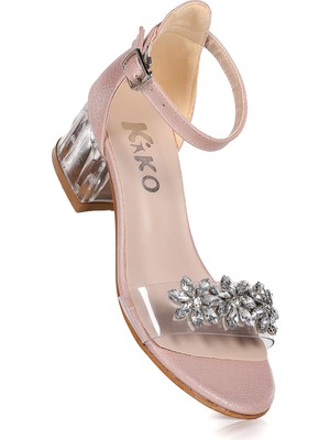 Kiko Kids Yangu Taşlı Kız Çocuk 3 cm Şeffaf Topuklu Sandalet Abiye Ayakkabı