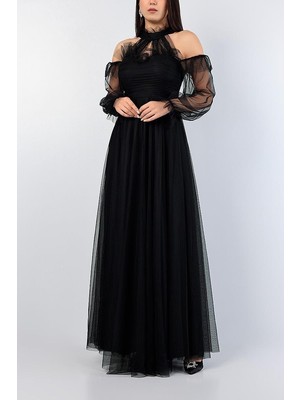 Tül Omuzu Açık Abiye Elbise