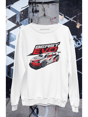 Fuddy Moda Mitsubbishi Beast Evo Baskılı Kapüşonsuz Sweatshirt, Unisex Oversize Araba Temalı Sweat