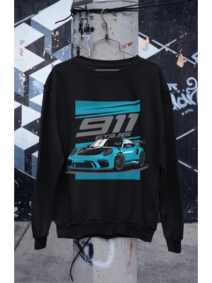 Fuddy Moda Poorsche 911 Gt3 Rst Baskılı Kapüşonsuz Sweatshirt, Unisex Oversize Araba Temalı Sweat