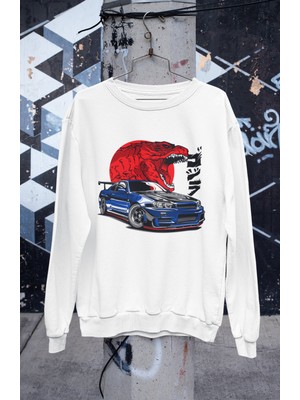 Gtr Skyline R34 Automotive Jdm Baskılı Kapüşonsuz Sweatshirt, Unisex Oversize Araba Temalı Sweat