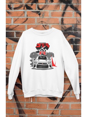 Fuddy Moda R35 Godzilla Baskılı Kapüşonsuz Sweatshirt, Unisex Oversize Araba Temalı Sweat