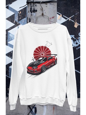 Fuddy Moda Hot Red Black Jdm Sport Racing Baskılı Kapüşonsuz Sweatshirt, Unisex Oversize Araba Temalı Sweat