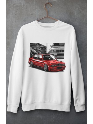 Fuddy Moda Red Black B M W E30  Baskılı Kapüşonsuz Sweatshirt, Unisex Oversize Araba Temalı Sweat