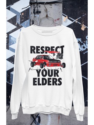 Fuddy Moda Respect Your Elders Baskılı Kapüşonsuz Sweatshirt, Unisex Oversize Araba Temalı Sweat