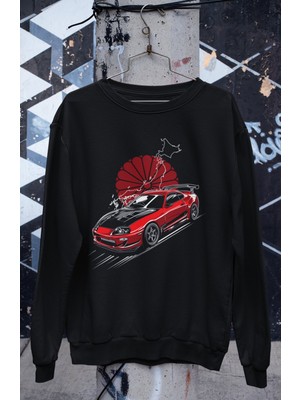 Fuddy Moda Hot Red Black Jdm Sport Racing Baskılı Kapüşonsuz Sweatshirt, Unisex Oversize Araba Temalı Sweat