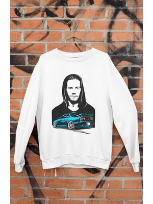 Hızlı ve Öfkeli Paul Walker Baskılı Kapüşonsuz Sweatshirt, Unisex Oversize Araba Temalı Sweat