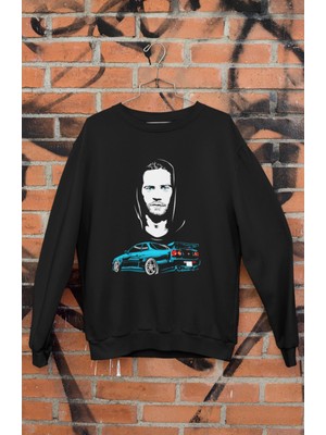 Fuddy Moda Hızlı ve Öfkeli Paul Walker Baskılı Kapüşonsuz Sweatshirt, Unisex Oversize Araba Temalı Sweat