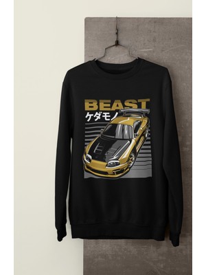 Fuddy Moda Beast Golden Supra Baskılı Kapüşonsuz Sweatshirt, Unisex Oversize Araba Temalı Sweat