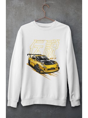 Fuddy Moda Legends Rx-7 Baskılı Kapüşonsuz Sweatshirt, Unisex Oversize Araba Temalı Sweat