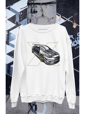 Lancer Evo x Baskılı Kapüşonsuz Sweatshirt, Unisex Oversize Araba Temalı Sweat