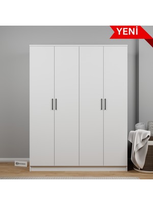 Midoser Kardelen Serisi 140  cm  Mat Beyaz 4 Kapılı 5 Raflı Elbise Dolabı