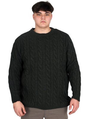 ModeXL Büyük Beden Erkek Kazak Haki Renk Bisiklet Yaka Günlük Tarz Desenli