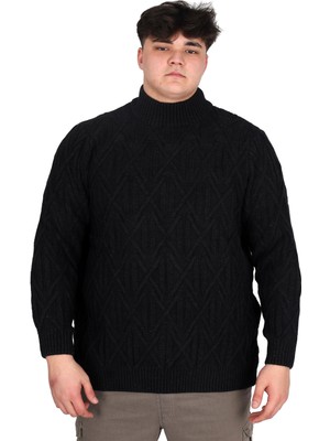 ModeXL Mode Xl Büyük Beden Erkek Kazak Siyah Yarım Balıkçı Yaka Günlük Stil Desenli 24212