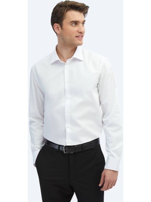 Kip Beyaz Düz Regular Fit Dokuma Klasik %100 Pamuk Gömlek