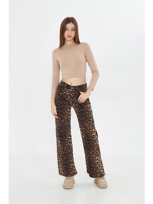Kadın Leopar Desenli Yüksel Bel Geniş Paça Palazzo Pantolon