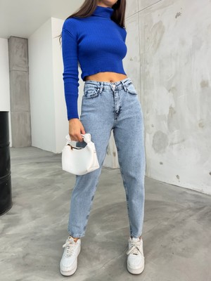 Bikelife Kadın Yüksek Bel Mom Jeans Açık Mavi Denim Esnek Kumaşlı Casual Stil 40 Beden