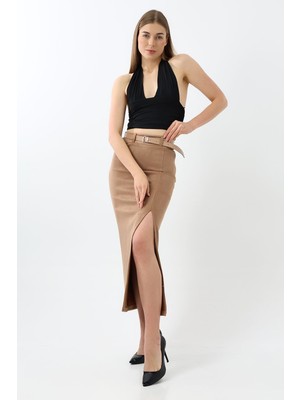 Taba Süet Etek Maxi Boy 92 cm Ön Yırtmaçlı /front Slit Maxı Long Suede Skırt