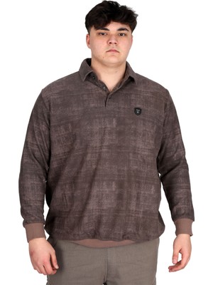 Mode Xl Büyük Beden Erkek Polo Yaka Sweatshirt Baskılı Selanik U24440 Kahverengi