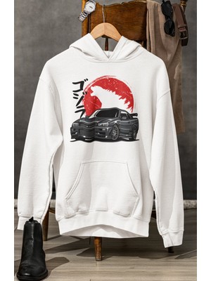 Unisex Godzilla Car Baskılı Kapüşonlu Sweatshirt, Oversize Yarış Araba Temalı Hoodie