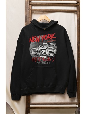 Fuddy Moda Unisex New York Street Face Baskılı Kapüşonlu Sweatshirt, Oversize Araba Temalı Hoodie