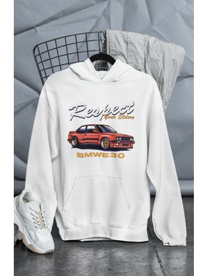 Unisex Respect Your Elders E30 Baskılı Kapüşonlu Sweatshirt, Oversize Araba Temalı Hoodie