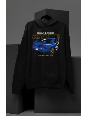 Fuddy Moda Unisex Skyline GT-R34 Baskılı Kapüşonlu Sweatshirt, Oversize Nis-San Araba Temalı Hoodie