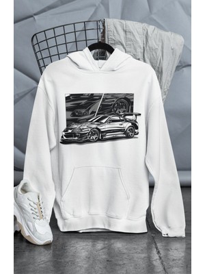 Fuddy Moda Unisex Racing Car Baskılı Kapüşonlu Sweatshirt, Oversize Araba Temalı Hoodie