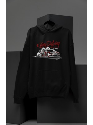 Fuddy Moda Unisex Keep Drifting Nissan Silvia S15 Baskılı Kapüşonlu Sweatshirt, Oversize Araba Temalı Hoodie