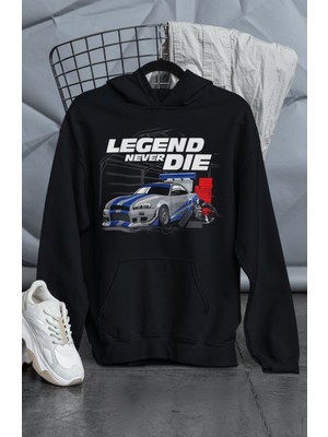 Fuddy Moda Unisex  Legend Never Die Gtr Skyline R3 Baskılı Kapüşonlu Sweatshirt, Oversize Araba Temalı Hoodie
