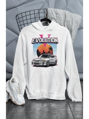 Fuddy Moda Unisex Evolution V Baskılı Kapüşonlu Sweatshirt, Oversize Yarış Araba Temalı Hoodie