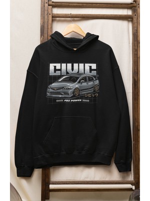 Fuddy Moda Unisex Civic Fd2 Power Baskılı Kapüşonlu Sweatshirt, Oversize Hondaa Araba Temalı Hoodie