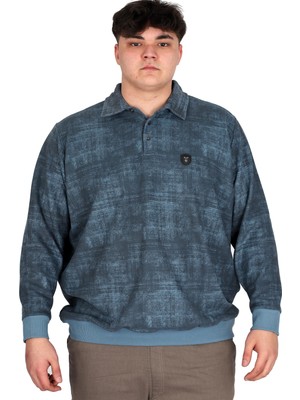 Mode Xl Büyük Beden Erkek Polo Yaka Sweatshirt Baskılı Selanik U24440 Mavi