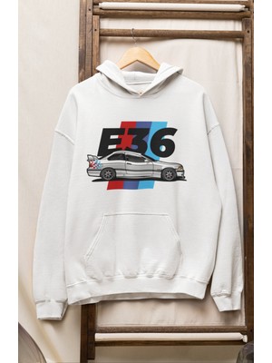 Unisex E36 Baskılı Kapüşonlu Sweatshirt, Oversize Araba Temalı Hoodie