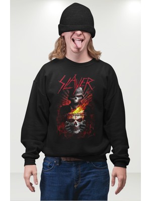 Fuddy Moda Unisex Slayer Yazılı Kapüşonsuz Sweatshirt, Oversize Rock Band Baskılı Sweat