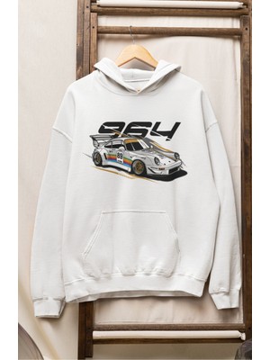 Unisex 964 Car Baskılı Kapüşonlu Sweatshirt, Oversize Klasik Araba Temalı Hoodie