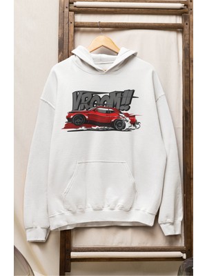 Fuddy Moda Unisex Vroom Dodgee Challenger Baskılı Kapüşonlu Sweatshirt, Oversize Araba Temalı Hoodie