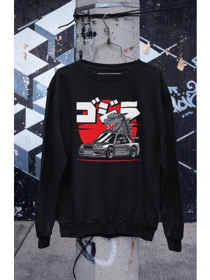 Fuddy Moda Godzilla Gtr R34 Kapüşonsuz Sweatshirt, Unisex Oversize Araba Temalı Sweat