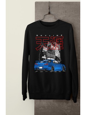 Fuddy Moda Skyline Gt-R R34 Baskılı Kapüşonsuz Sweatshirt, Unisex Oversize Araba Temalı Sweat