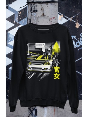 Fuddy Moda Civic Car Baskılı Kapüşonsuz Sweatshirt, Unisex Oversize Araba Temalı Sweat