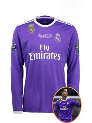 C.ronaldo Mor 2017 Cardiff Finali Realmadrid Retro Yetişkin Forması Uzun Kollu Unisex Maç Forması