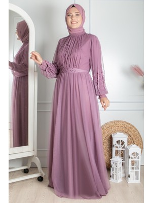 Lavin Inci Taş Detaylı Tül Abiye Lila FHM846