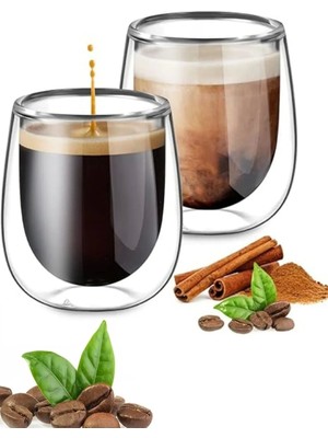 Berdina Home 2'li Çift Cidarlı Bardak 250 ml Ev Ofis Çay Fincanı Kahve Sunum Bardağı Dayanıklı Kupa Cam Bardak