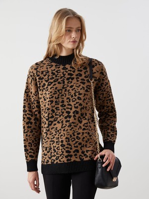 Lcw Modest Dik Yaka Leopar Desenli Kadın Triko Tunik